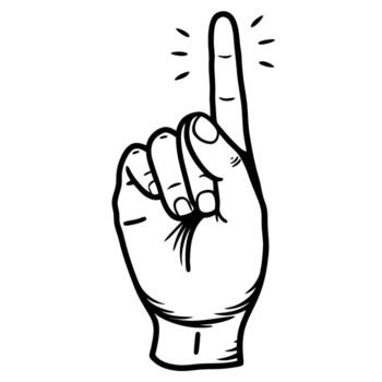 Hand with raised index finger, pointing upward human gesture symbolizing attention, direction, idea or instruction, black and white illustration vector