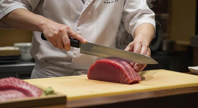 Chef Slicing Fresh Tuna for Sushi photo