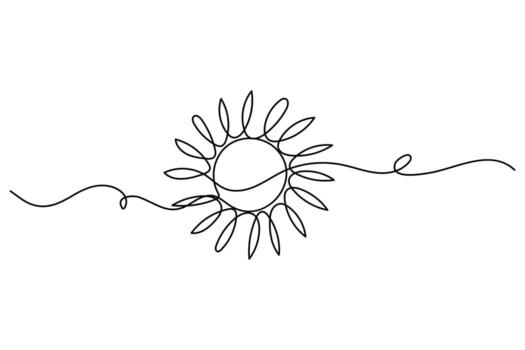 Continuous one line drawing of summer sun with rays in minimal warm outline style vector