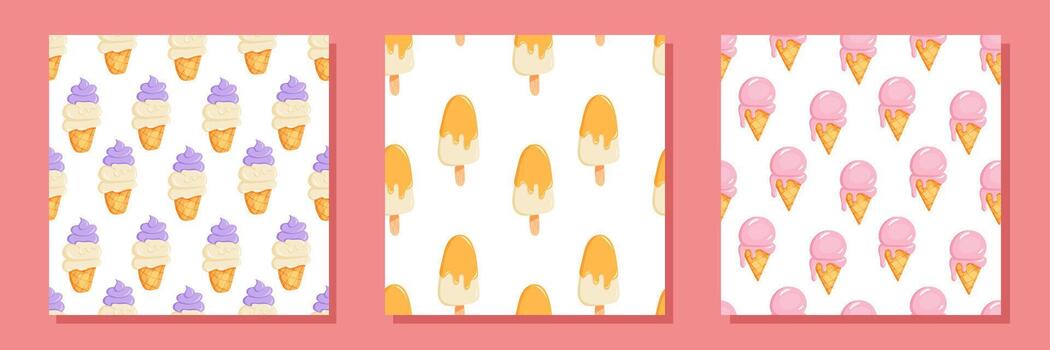 Set of ice cream patterns with pastel cones and summer colors vector