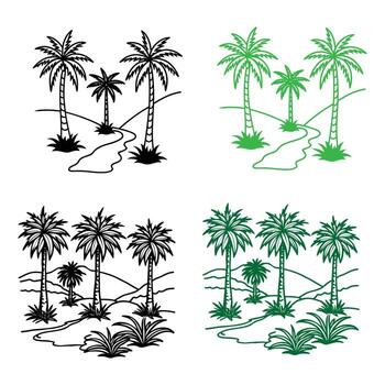 cuatro distinto ilustraciones de palma arboles con devanado rutas y escaso vegetación en un silueta estilo vector