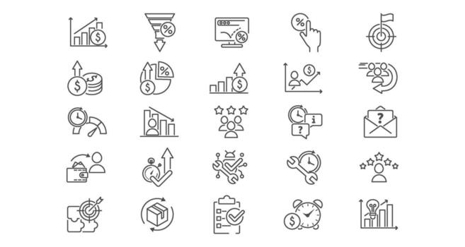 KPI Icons Set with Performance Indicators and Business Metrics for Dashboards or Reports in Modern Line Style. . Editable Stroke. vector
