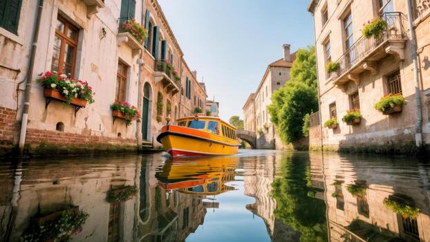Colorful boat on a serene canal photo