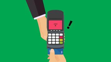 kreditera kort betalning tackat nej platt animering med kort infogad in i edc, bearbetning skärm, fel ikon, röd varna, och Nej mottagande diabilder ut på grön skärm. 4k animerad för företag och betalning. video