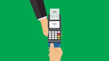credito carta pagamento riuscito piatto animazione con carta inserito in edc, in lavorazione schermo, segno di spunta icona, e ricevuta scivoli su su verde schermo. 4k animato per attività commerciale e pagamento. video