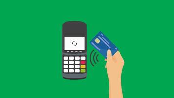 Credit card contactless payment successful flat animation with card beside EDC, signal appears, checkmark icon shows, and receipt slides out on green screen. 4K animated for business and explainer. video