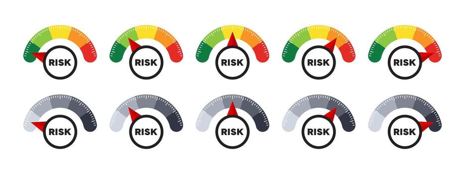 Risk Meter Gauge Set with Varying Levels. Color and Monochrome Versions vector