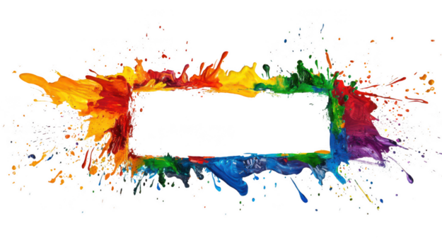 rectangular billboard with vibrant artistic paint splashes on edges creates dynamic and colorful frame. splashes include spectrum of colors, adding lively and creative touch to design png