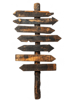 Rustic wooden signpost with multiple arrow signs, weathered and aged, isolated on transparency background. Perfect for navigation or direction themes png