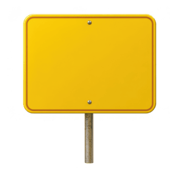 bright yellow rectangular sign with rounded corners and metal post stands isolated on transparency background, ready for customization or messaging png