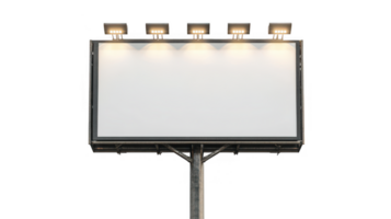 grande autopista cartelera con montado luces en alto metal marco soportes prominentemente, Listo para publicidad. blanco blanco superficie es iluminado por cinco brillante luces, haciendo eso visible a noche png