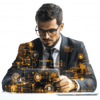 businessman analyzing blockchain transactions with futuristic technology, showcasing digital currencies and data visualization. scene conveys innovation and financial insight png