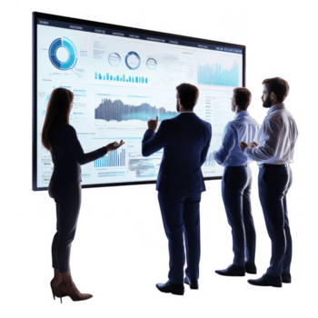 Gruppe von Profis beschäftigt, verlobt im korporativ Präsentation, Analysieren interaktiv Digital Bildschirme Anzeigen verschiedene Daten Visualisierungen und Diagramme. Atmosphäre ist konzentriert und Kollaborativ png