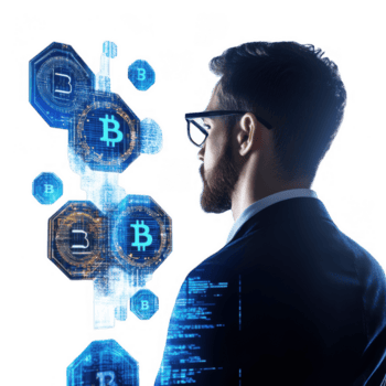 zakenman analyseren blockchain transacties met futuristische technologie, presentatie van digitaal valuta symbolen en gegevens visualisatie. tafereel weerspiegelt innovatie en financieel in zicht png