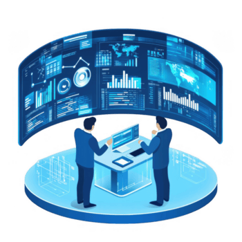 negocio ejecutivos analizando datos en digital pantallas, exhibiendo avanzado analítica y ai tecnología para decisión haciendo y estrategia desarrollo png