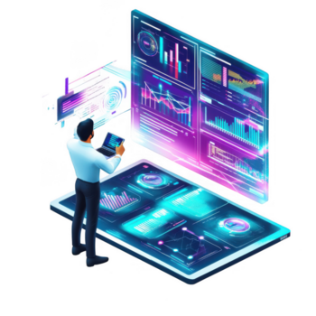 o negócio proprietário analisando dados futurista digital interface, exibindo vários gráficos e gráficos este representar e comércio crescimento e desempenho Métricas. vibrante cores e Alto tecnologia Projeto evocar png