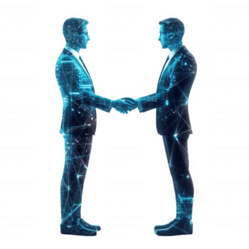 digitale attività commerciale trattativa fra Due alto Tech figure, simboleggiante collaborazione e innovazione nel futuristico ambiente. stretta di mano rappresenta fiducia e associazione nel digitale età png
