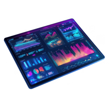 Futuristic business dashboard displaying vibrant data visualizations, graphs, and analytics in holographic style. This workspace enhances productivity and decision making png