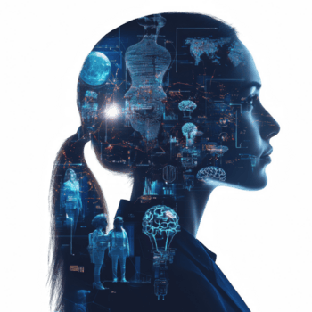 innovativo digitale arte in mostra umano silhouette pieno con futuristico tecnologia, ai elementi, e dati visualizzazioni, simboleggiante integrazione di umano intelligenza e artificiale png