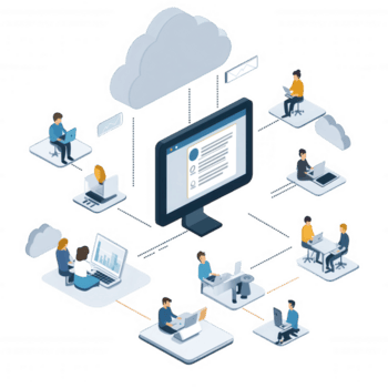 Remote team collaboration via cloud software, showcasing diverse individuals working together on various devices, emphasizing teamwork and technology in digital workspace png