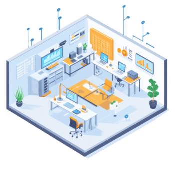 moderne Bureau espace avec intelligent technologie, automatique éclairage, et iot connectivité. disposition comprend plusieurs postes de travail, des ordinateurs, et végétaux, création productif et innovant png