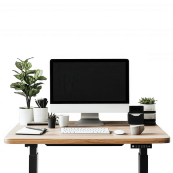 modern arbete från Hem uppstart terar stående skrivbord, dator övervaka, och olika växter. arrangemang främjar ergonomisk arbetsyta, förstärkning produktivitet och bekvämlighet png