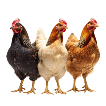 pollos son diverso grupo de aves de corral, exhibiendo varios colores y razas esta caracteristicas Tres distinto pollos, cada mostrando único pluma patrones y colores, simbolizando belleza de aviar png