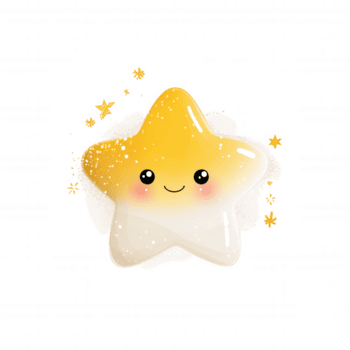 Cute star character with smiling face, featuring gradient of yellow to white, surrounded by smaller stars and sparkles, set against transparency background. This whimsical design evokes joy png