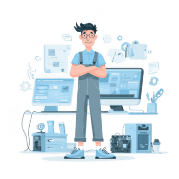 självsäker den tekniker karaktär står i främre av dator uppstart, omgiven förbi olika tech element och verktyg, förkroppsligande väsen av tech Stöd och innovation png