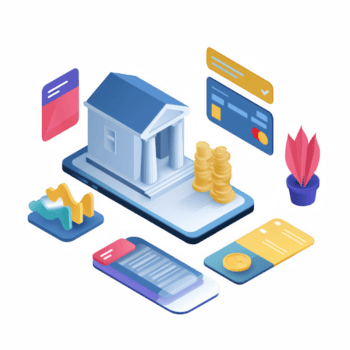 Handy, Mobiltelefon Bankwesen Schnittstelle mit Bank Gebäude, Münzen, und verschiedene finanziell Elemente, illustrieren modern Fintech Konzepte und Benutzer freundlich Design zum Digital Transaktionen png