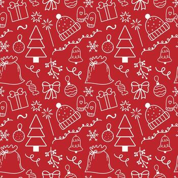 Seamless pattern with New Year doodles. Includes Christmas tree, gifts, mittens, snowflakes, candy, and decorations. Pattern on red background, hand drawn, outline. vector