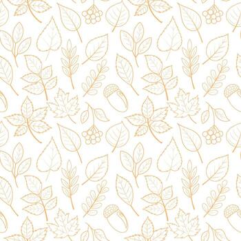 Seamless pattern with hand drawn autumn leaves, berries and acorns in an outline style. Collection of maple, oak, birch, rowan, chestnut. Pattern of foliage outline. vector
