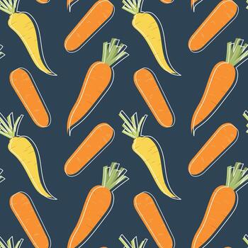 Seamless pattern with orange and yellow carrots on blue background. Pattern with fresh vegetables. Perfect for textiles, decor, wrapping paper, summer and autumn projects. Hand drawn, outline. vector