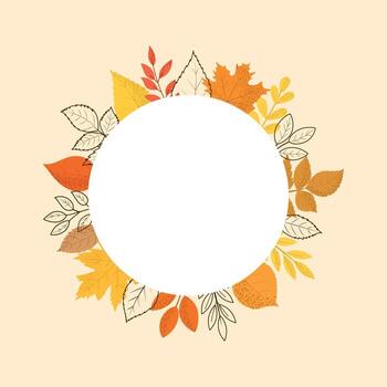 Autumn wreath frame with colorful fall leaves in hand-drawn and flat style. Circular composition on light background. Perfect for greeting cards, invitations, and seasonal templates. vector