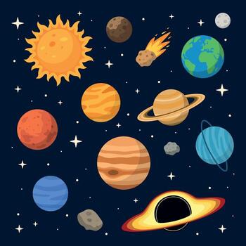 Set of planets, stars, asteroids, black hole and comets in space. Collection of celestial objects in cosmos vector