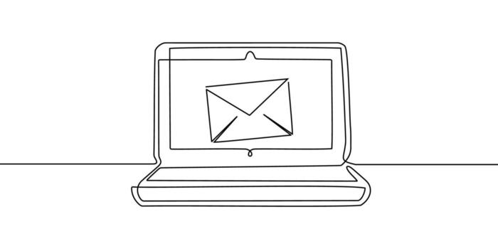 Mail continuous art line one icon email letter paper message. Line continuous mail newsletter sketch outline contact plane illustration business single doodle arrow journey travel send fly post vector