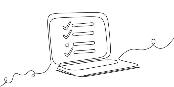 línea continuo ordenador portátil pantalla computadora oficina trabajo Arte ordenador personal contorno ilustración. continuo ordenador portátil línea garabatear cuaderno soltero escritorio mecanografía negocio icono monitor digital correo electrónico tecnología datos. vector