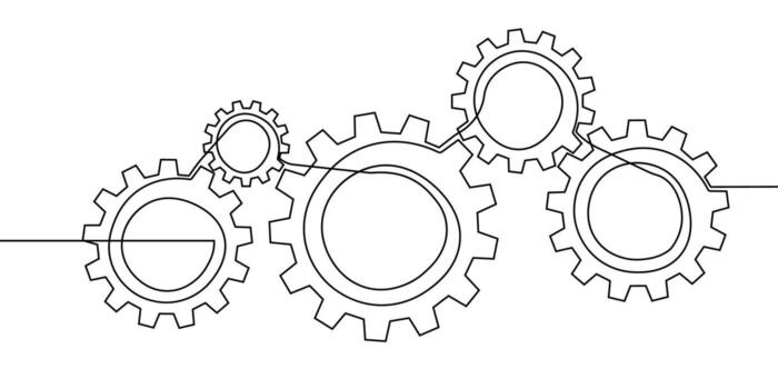 engranaje continuo línea uno Arte icono diente trabajo negocio fábrica rueda. continuo línea engranaje contorno ajuste computadora rueda dentada tecnología bosquejo dibujo Ciencias carrera máquina cerebro antecedentes. vector