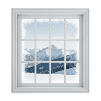 A window view of a snow covered mountain range. The window pane has a light frost effect. png