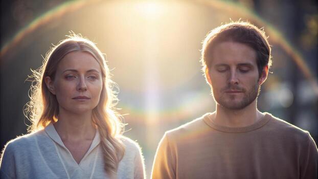 un sereno momento capturar dos individuos con cerrado ojos, bañado en suave luz de sol, creando un etéreo atmósfera alrededor a ellos. foto