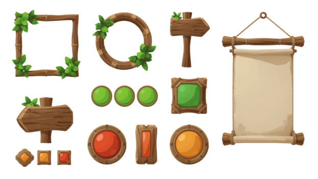 Stylized game user interface assets featuring wooden frames, signs, buttons, and a scroll with png