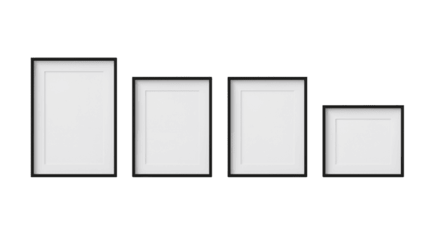 Modern array of black picture frames with passe-partouts on an isolated transparent background, png