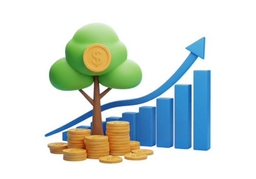 stilizzato 3d interpretazione di un' i soldi albero con impilati monete e un verso l'alto trend bar grafico isolato su trasparente sfondo png