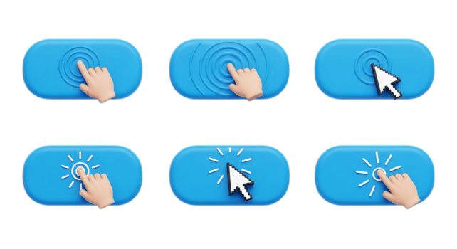 Six distinct blue buttons with touch or click interaction indicators isolated on a transparent background isolated on transparent background png