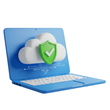 3d illustrazione di un' il computer portatile visualizzazione un' sicuro nube con un' scudo e segno di spunta isolato su trasparente sfondo png