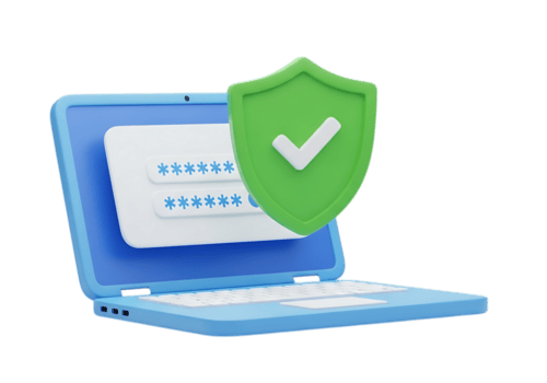 3d interpretazione di un' blu il computer portatile visualizzazione un' sicuro accesso schermo con un' verde scudo icona isolato su trasparente sfondo png
