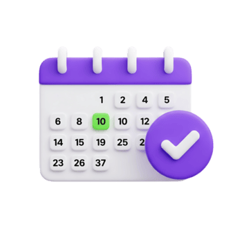 3d interpretazione di un' calendario con un' verde evidenziato Data e un' viola segno di spunta icona isolato su trasparente sfondo png