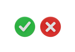 Two oval buttons one green with a white checkmark and one red with a white cross isolated on transparent background png