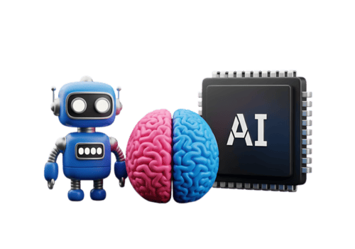 Futuristic robot and ai chip beside a split brain symbolizing artificial intelligence and technology isolated on transparent background png