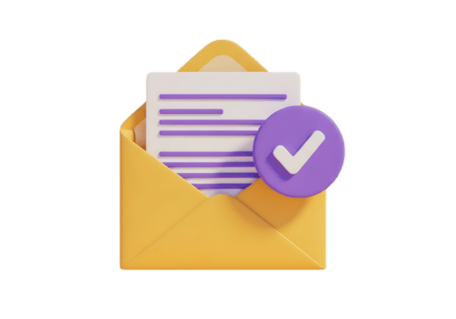 3d render of an open yellow envelope with a document and a purple checkmark icon isolated on transparent background png